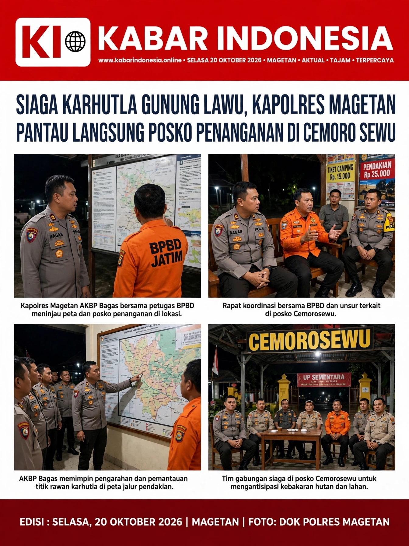 Siaga Karhutla Gunung Lawu, Kapolres Magetan Pantau Langsung Posko Penanganan di Cemoro Sewu
