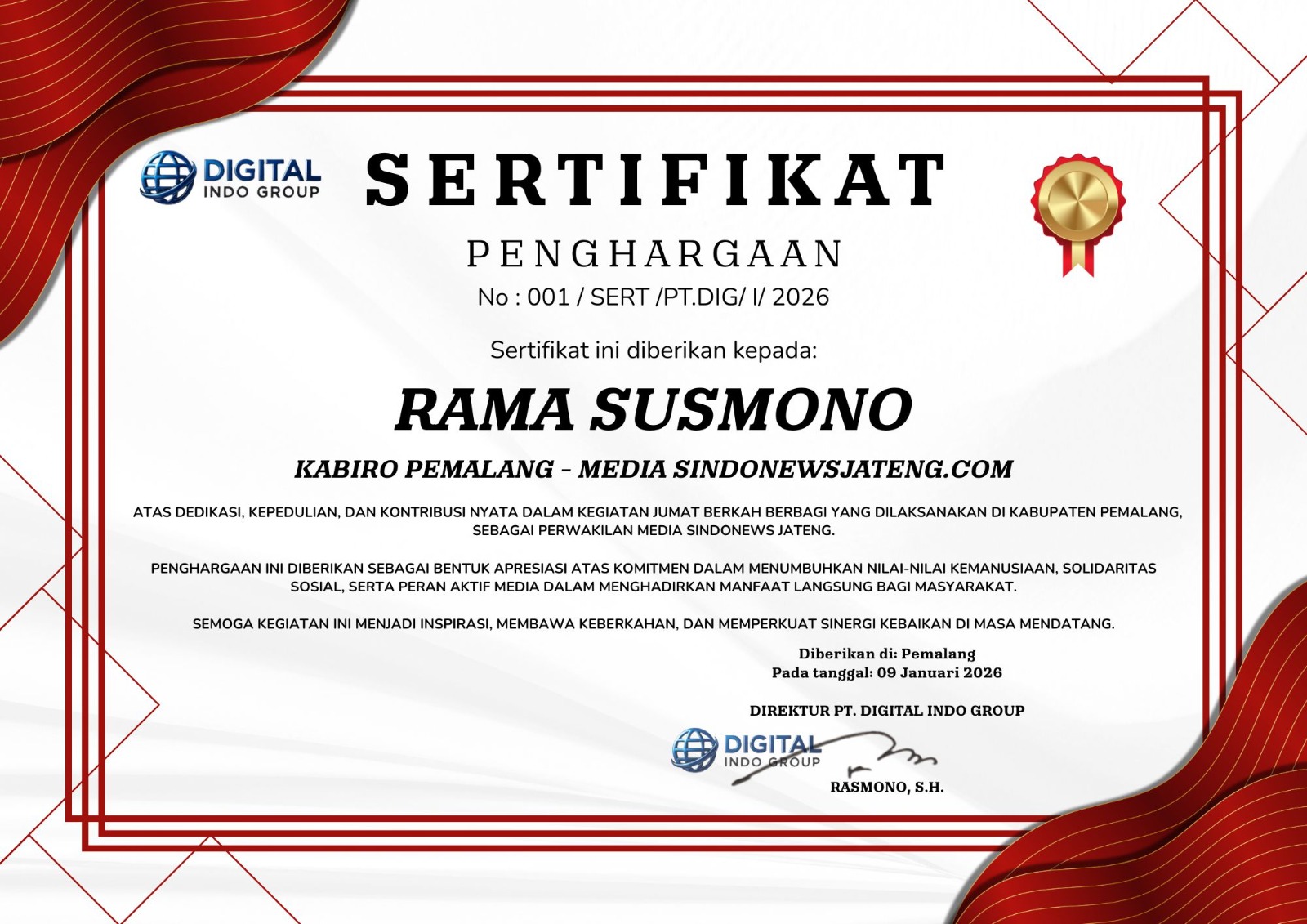 Kegiatan Jumat Berkah di Pemalang, Rama Susmono Terima Penghargaan atas Dedikasi Sosial